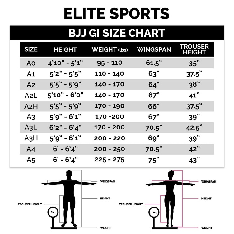   Elite Sports Ultra Light bjj gi size chart