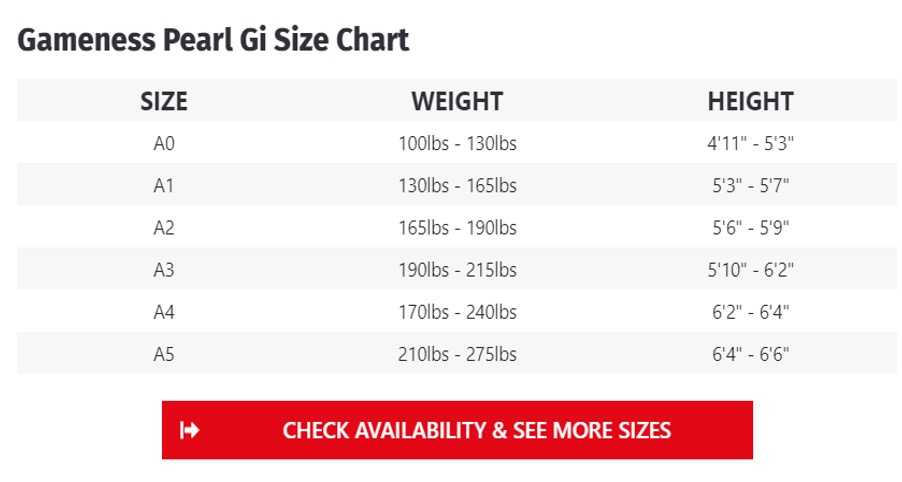 Gameness Pearl Weave Jiu Jitsu Gi chart size