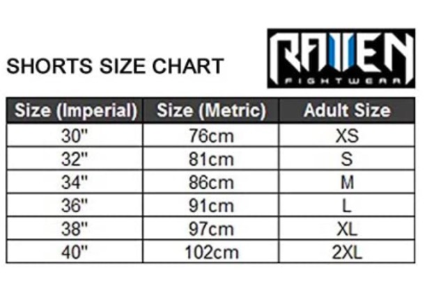 Raven Fightwear short size chart