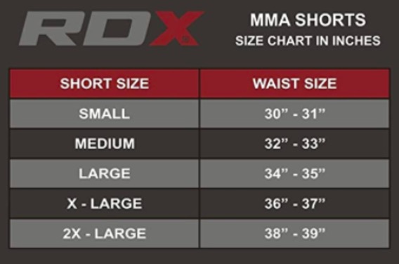 RDX MMA short size chart