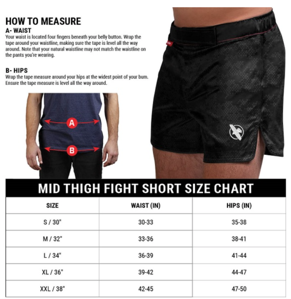 Hayabusa Hexagon Mid-Thigh Fight Short size chart