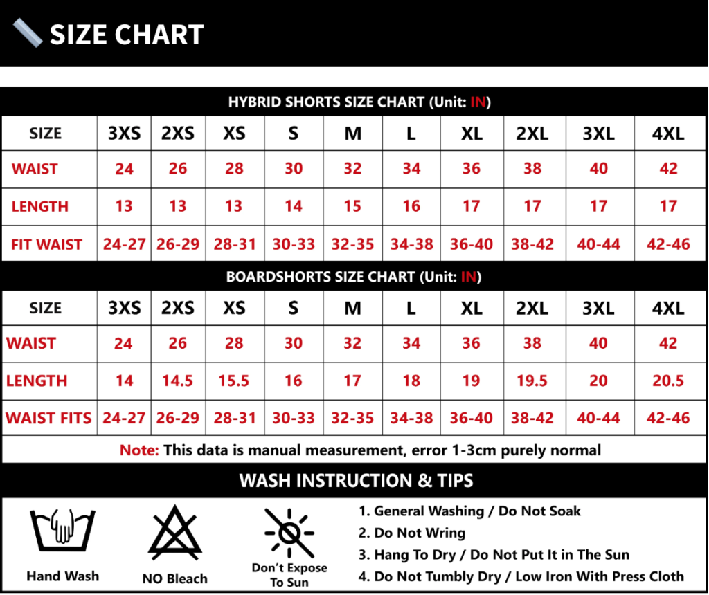 Xmartial Hybrid Shorts Size Chart