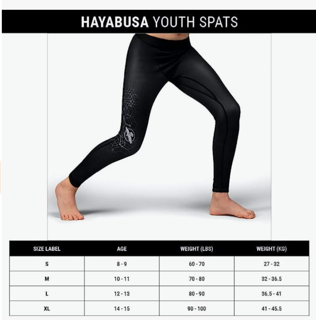 Hayabusa Geo Youth Jiu Jitsu Spats size chart