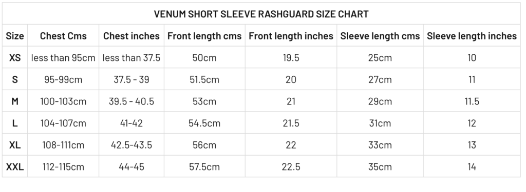 VENUM SHORT SLEEVE RASHGUARD SIZE CHART