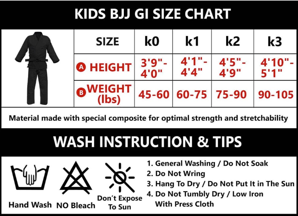 XMartial Kids BJJ Gi size chart